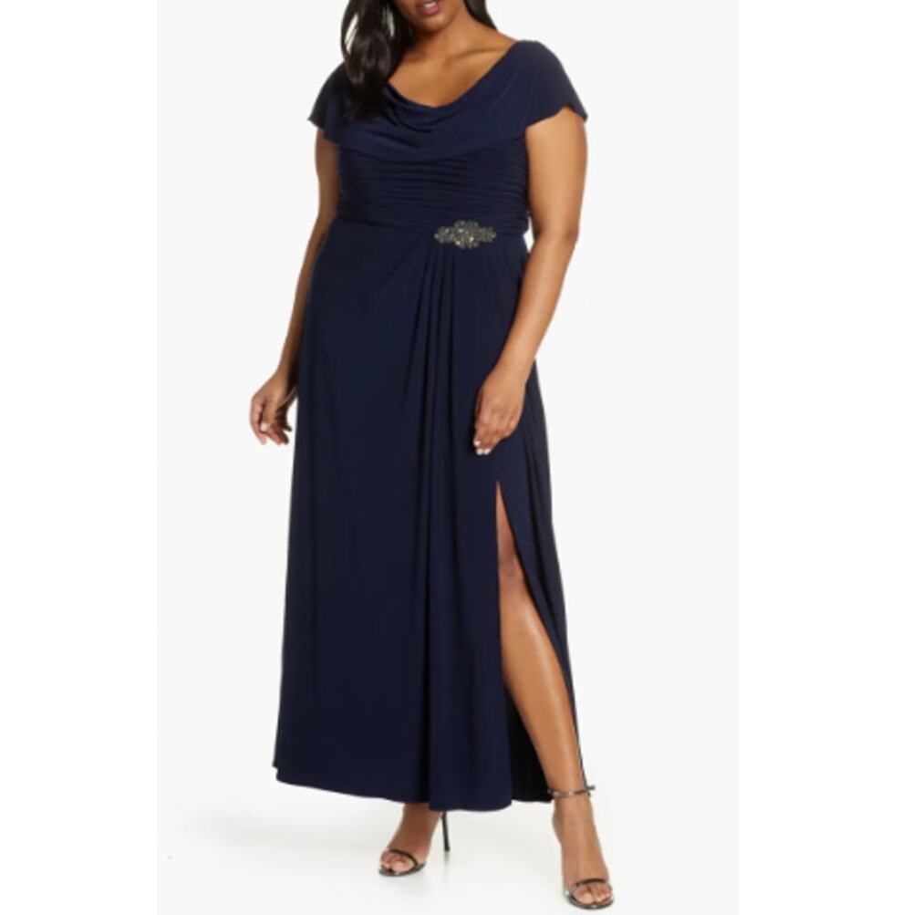 NEW ALEX EVENINGS Navy Cowl Neck Beaded Waist Evening Gown  14 PROM FAST SHIP!